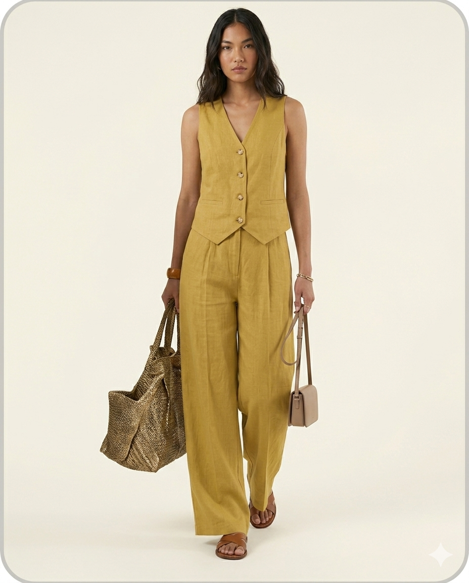 Conjunto elegante de dos piezas con chaleco y pantalón de pierna ancha