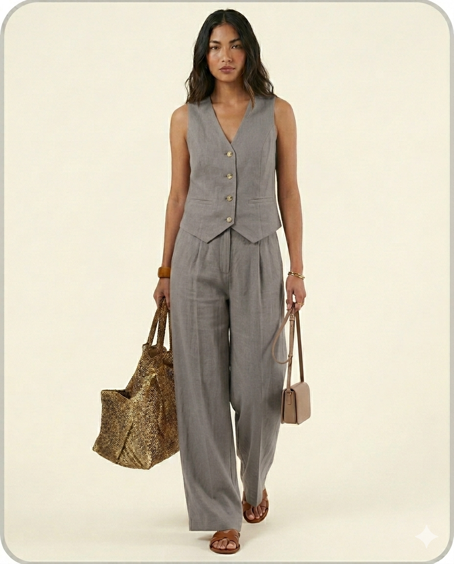 Conjunto elegante de dos piezas con chaleco y pantalón de pierna ancha