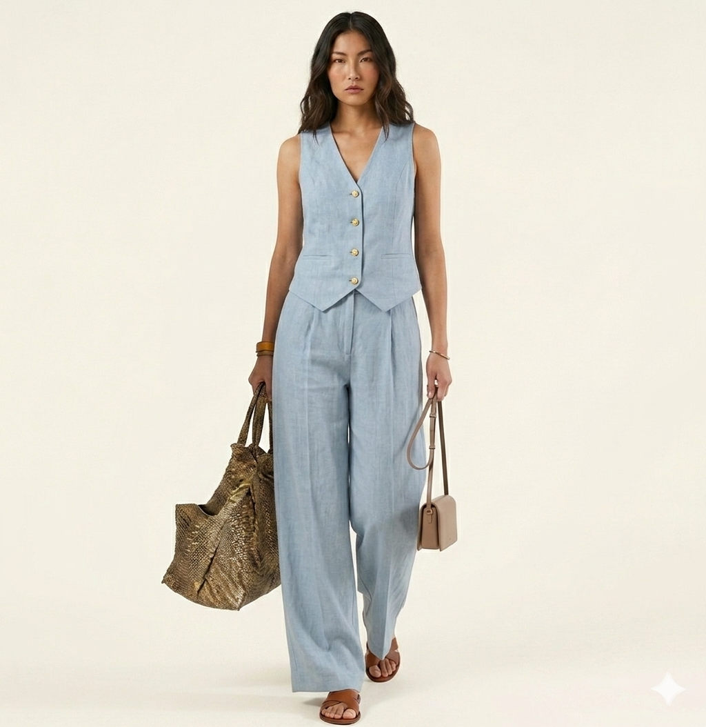 Conjunto elegante de dos piezas con chaleco y pantalón de pierna ancha
