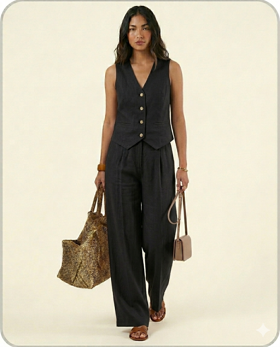 Conjunto elegante de dos piezas con chaleco y pantalón de pierna ancha