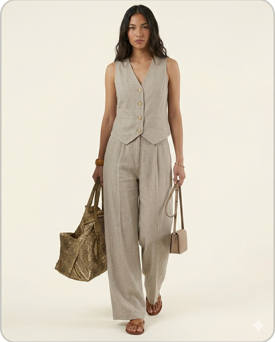 Conjunto elegante de dos piezas con chaleco y pantalón de pierna ancha