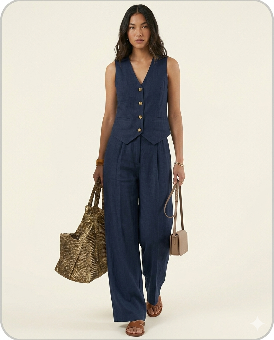 Conjunto elegante de dos piezas con chaleco y pantalón de pierna ancha