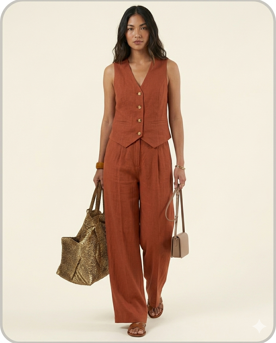Conjunto elegante de dos piezas con chaleco y pantalón de pierna ancha