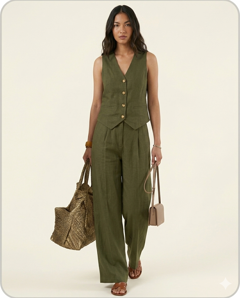 Conjunto elegante de dos piezas con chaleco y pantalón de pierna ancha